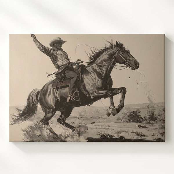 Bucking Bronco Cowboy Sketch Canvas – Vintage Western Action Art - Gifitto