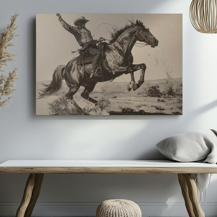 Bucking Bronco Cowboy Sketch Canvas – Vintage Western Action Art - Gifitto