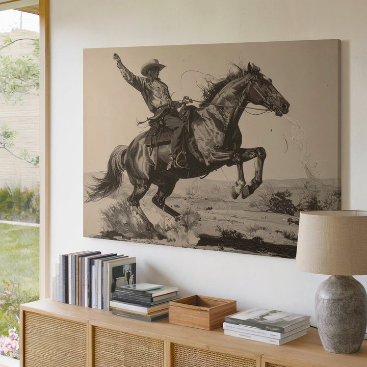 Bucking Bronco Cowboy Sketch Canvas – Vintage Western Action Art - Gifitto