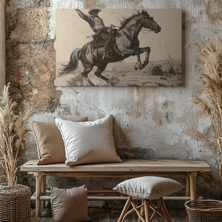 Bucking Bronco Cowboy Sketch Canvas – Vintage Western Action Art - Gifitto