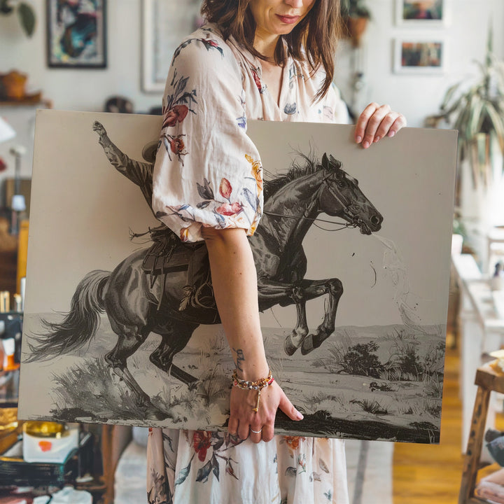 Bucking Bronco Cowboy Sketch Canvas – Vintage Western Action Art - Gifitto