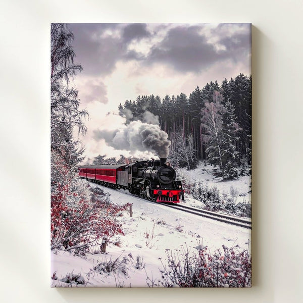 Vintage Steam Train in Snow – Winter Journey Canvas Art