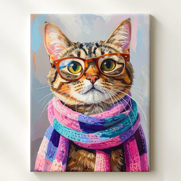 Hipster Tabby Cat Canvas – Stylish Glasses & Knit Scarf Feline Art - Gifitto