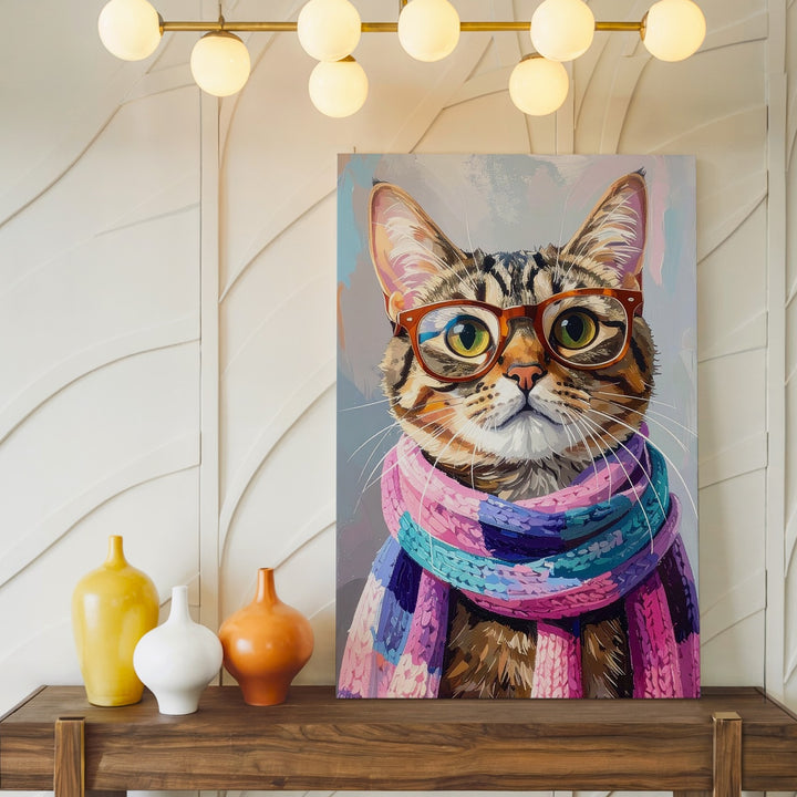 Hipster Tabby Cat Canvas – Stylish Glasses & Knit Scarf Feline Art - Gifitto