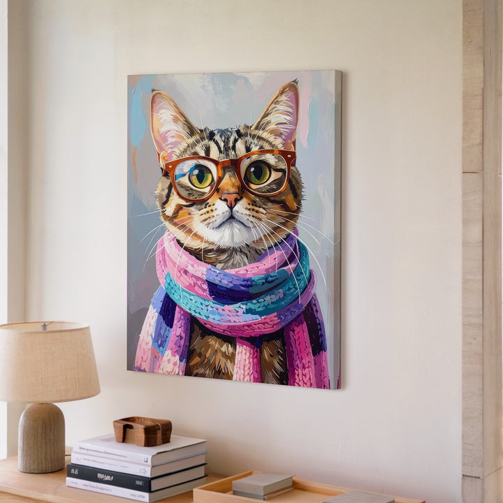 Hipster Tabby Cat Canvas – Stylish Glasses & Knit Scarf Feline Art - Gifitto