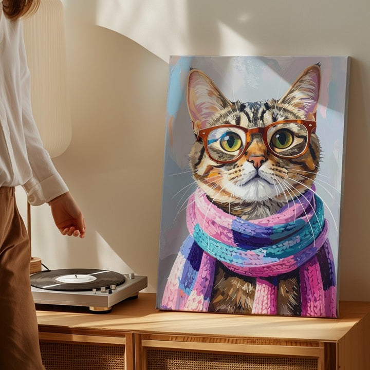Hipster Tabby Cat Canvas – Stylish Glasses & Knit Scarf Feline Art - Gifitto