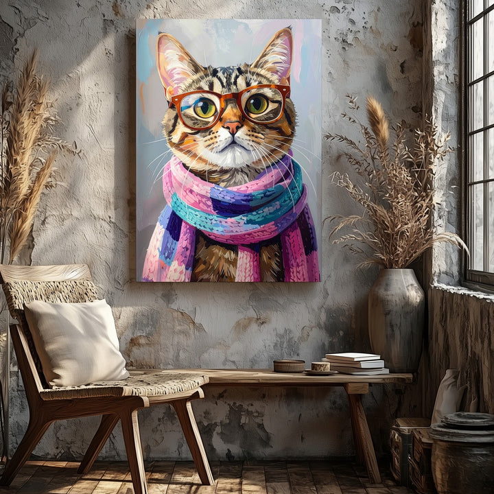 Hipster Tabby Cat Canvas – Stylish Glasses & Knit Scarf Feline Art - Gifitto