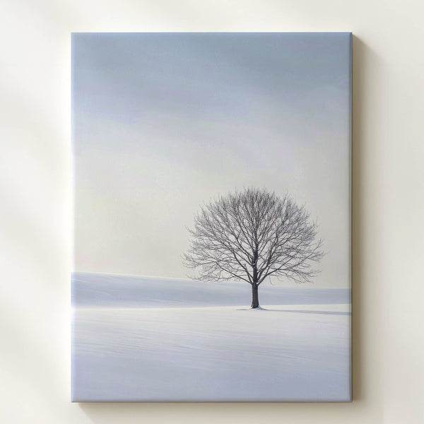 Solitary Winter Tree Canvas – Minimalist Snow Landscape Art