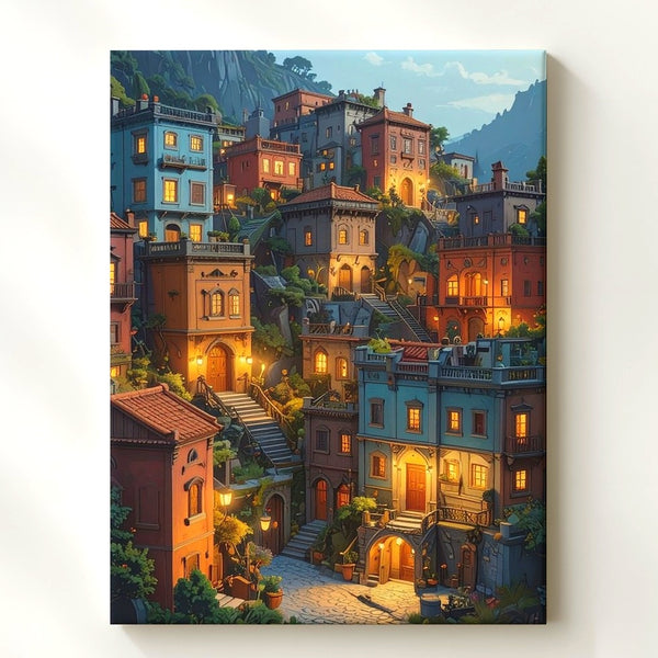 Whimsical Hillside Village Canvas – Magical Nighttime Landscape with Colorful Architecture