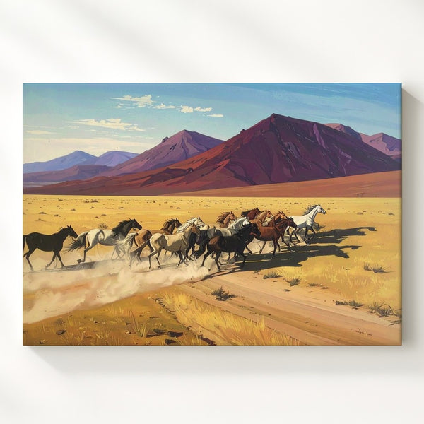 Galloping Herd of Horses Canvas – Stylized Western Desert Landscape Art - Gifitto