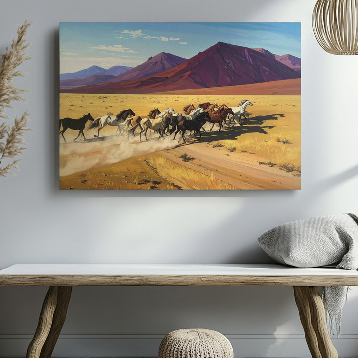 Galloping Herd of Horses Canvas – Stylized Western Desert Landscape Art - Gifitto
