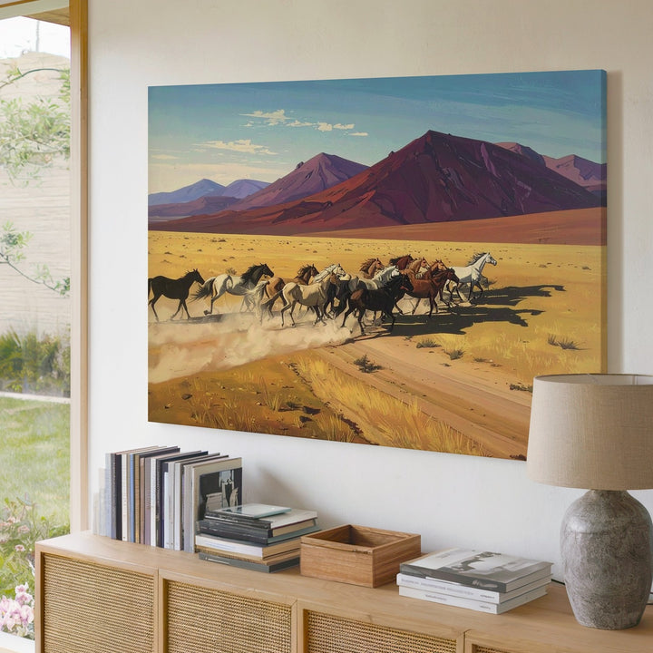 Galloping Herd of Horses Canvas – Stylized Western Desert Landscape Art - Gifitto