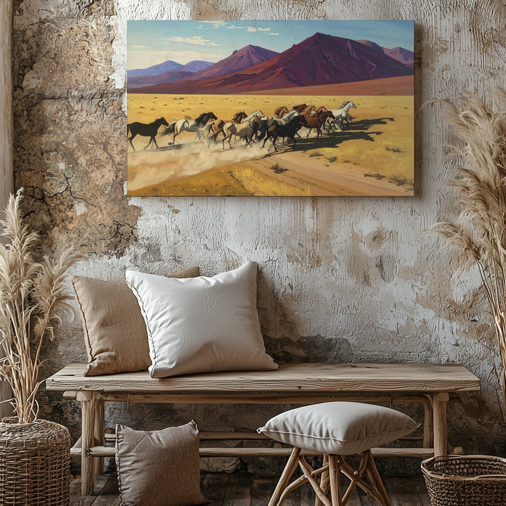 Galloping Herd of Horses Canvas – Stylized Western Desert Landscape Art - Gifitto