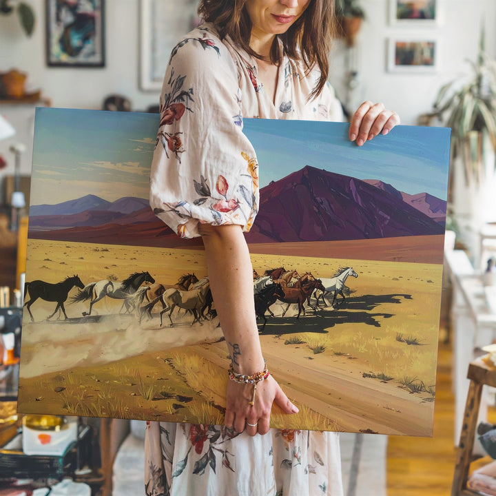 Galloping Herd of Horses Canvas – Stylized Western Desert Landscape Art - Gifitto