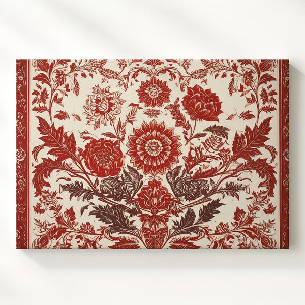 Red Botanical Folk Pattern Canvas – Symmetrical Floral Wall Art - Gifitto