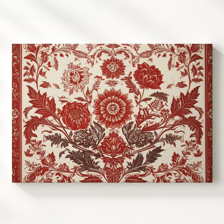 Red Botanical Folk Pattern Canvas – Symmetrical Floral Wall Art - Gifitto