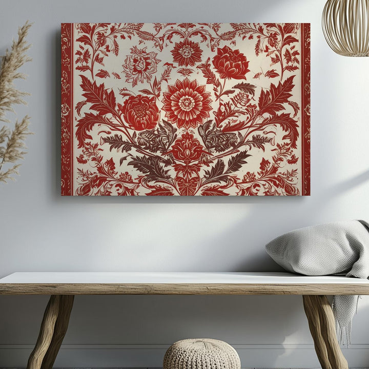 Red Botanical Folk Pattern Canvas – Symmetrical Floral Wall Art - Gifitto