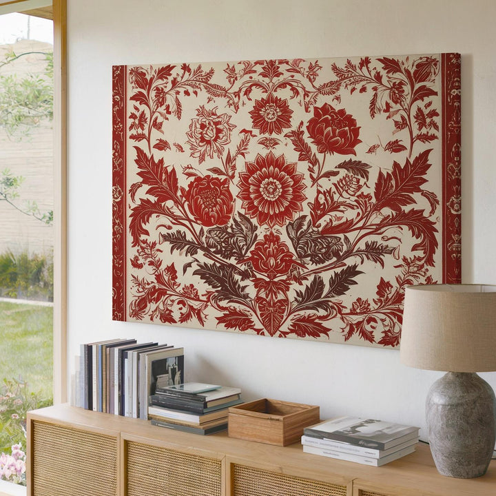 Red Botanical Folk Pattern Canvas – Symmetrical Floral Wall Art - Gifitto
