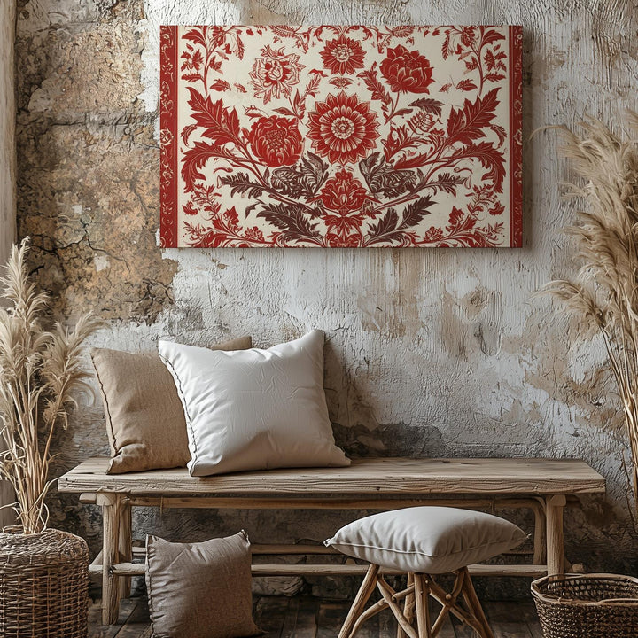 Red Botanical Folk Pattern Canvas – Symmetrical Floral Wall Art - Gifitto