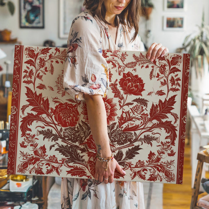 Red Botanical Folk Pattern Canvas – Symmetrical Floral Wall Art - Gifitto