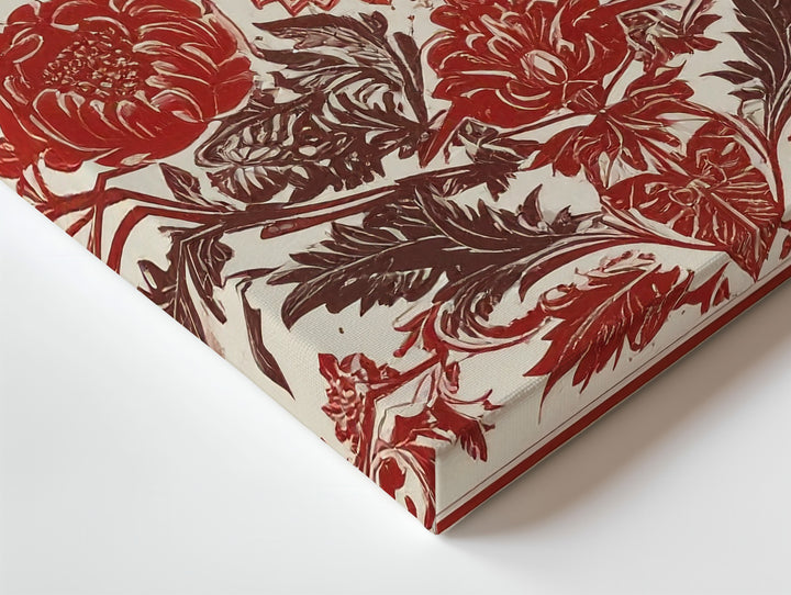 Red Botanical Folk Pattern Canvas – Symmetrical Floral Wall Art - Gifitto