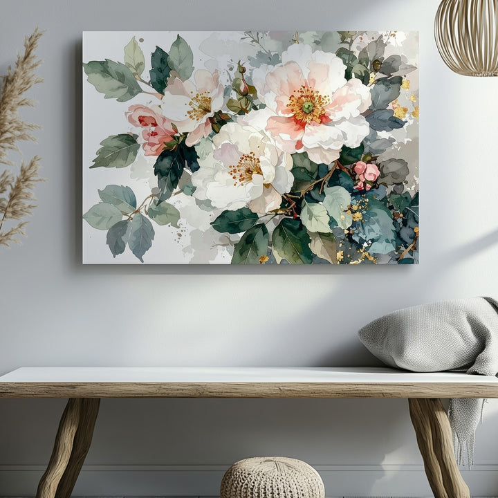 Blush and White Floral Watercolor Canvas – Elegant Bouquet Art - Gifitto