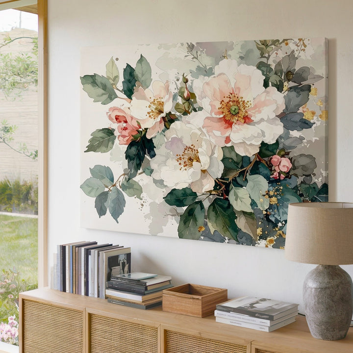 Blush and White Floral Watercolor Canvas – Elegant Bouquet Art - Gifitto