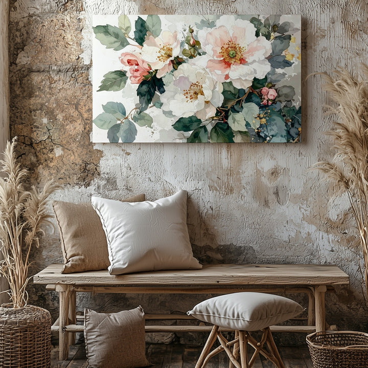 Blush and White Floral Watercolor Canvas – Elegant Bouquet Art - Gifitto
