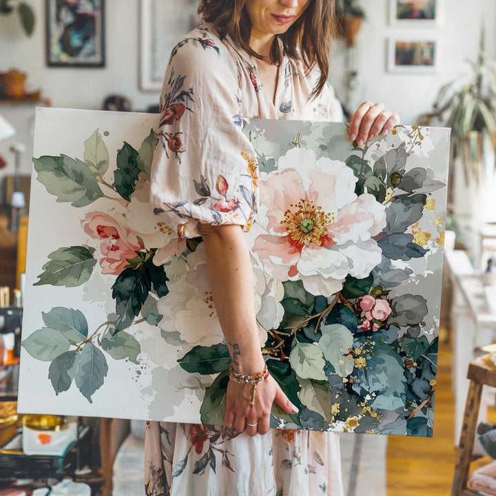 Blush and White Floral Watercolor Canvas – Elegant Bouquet Art - Gifitto