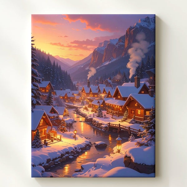 Fairy-Tale Winter Village Canvas – Cozy Sunset Scene in Snowy Valley