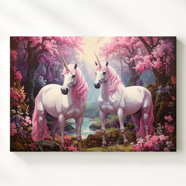 Unicorns in Enchanted Forest Canvas – Fantasy Mythical Art of Majestic Creatures - Gifitto