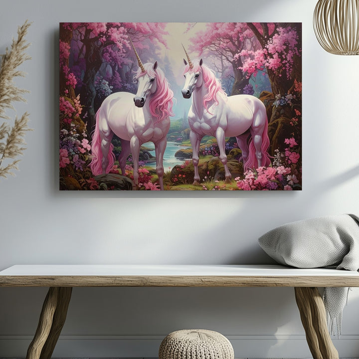 Unicorns in Enchanted Forest Canvas – Fantasy Mythical Art of Majestic Creatures - Gifitto