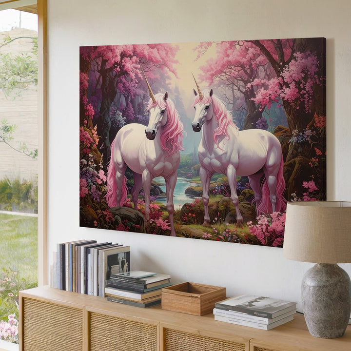 Unicorns in Enchanted Forest Canvas – Fantasy Mythical Art of Majestic Creatures - Gifitto