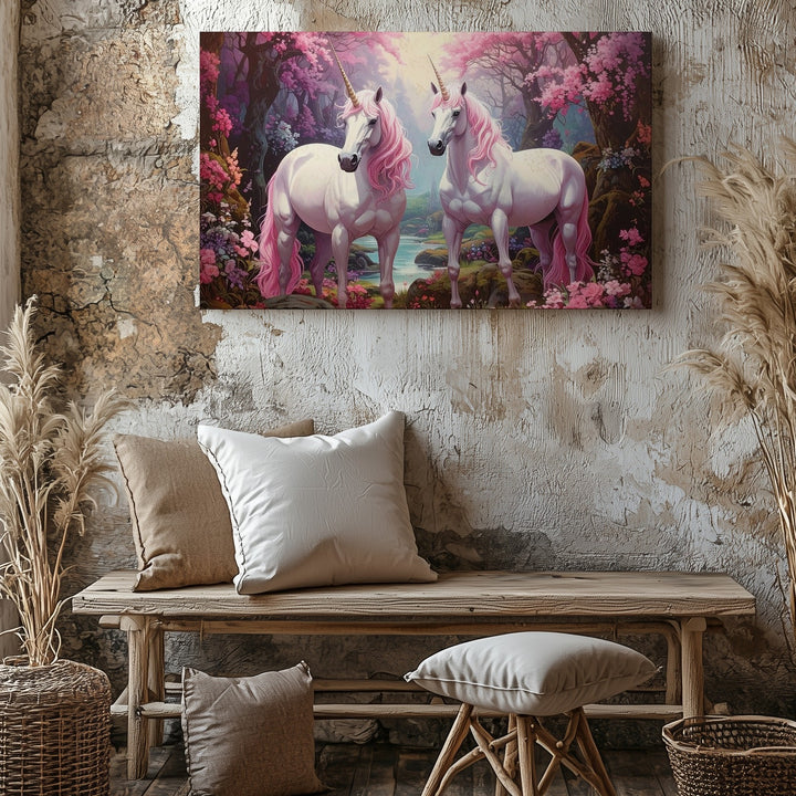 Unicorns in Enchanted Forest Canvas – Fantasy Mythical Art of Majestic Creatures - Gifitto
