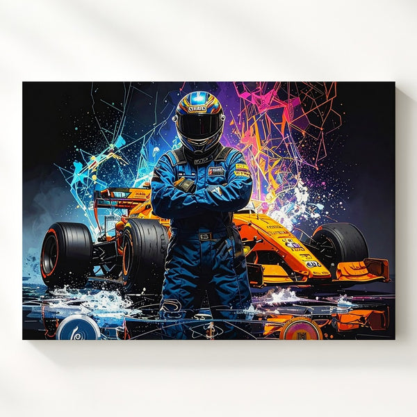 Cyberpunk F1 Driver Canvas – Futuristic McLaren Racing Art - Gifitto