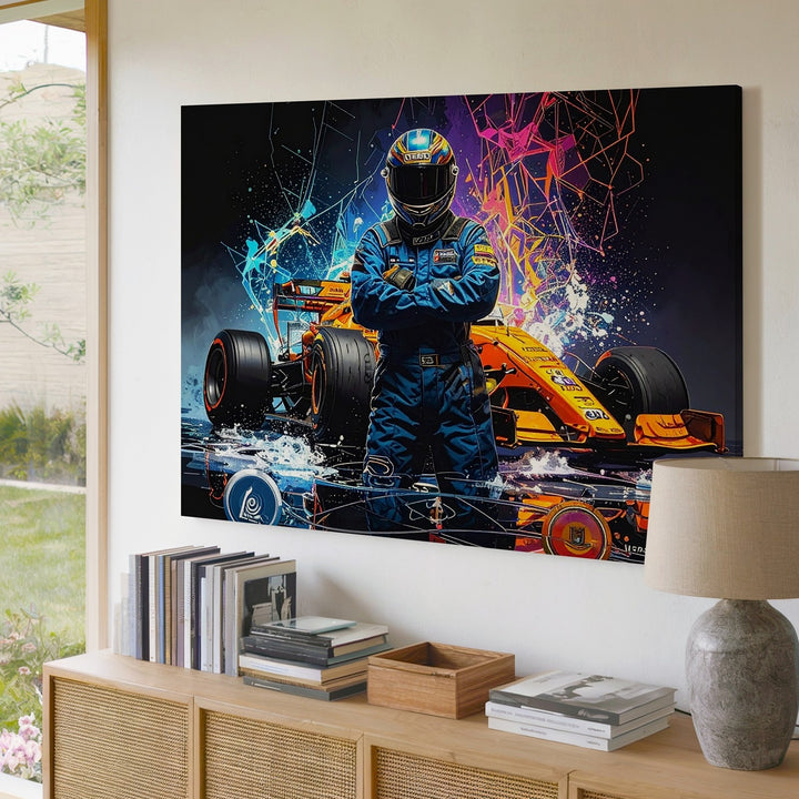 Cyberpunk F1 Driver Canvas – Futuristic McLaren Racing Art - Gifitto