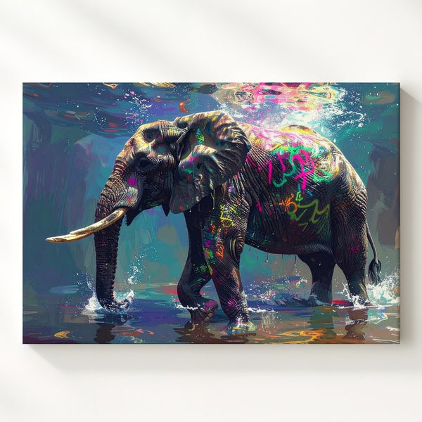 Neon Graffiti Elephant Canvas – Surreal Urban Wildlife Art