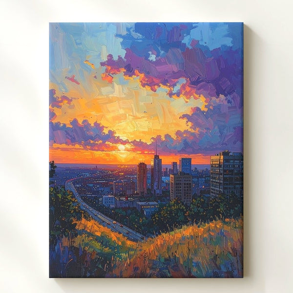 Sunset Cityscape Canvas – Vibrant Landscape of Urban Life at Dusk