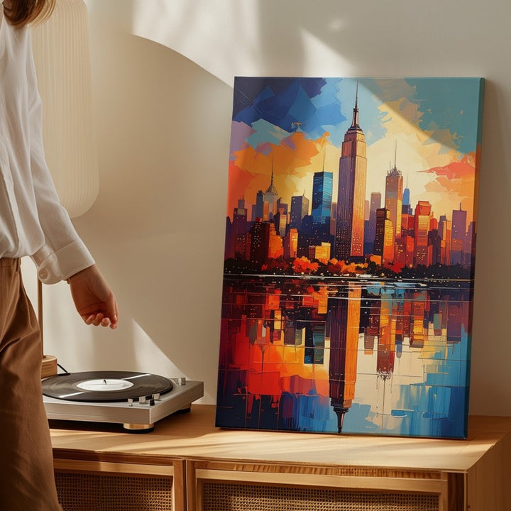 Abstract New York City Skyline Canvas – Bold Sunset Reflection with Empire State Building - Gifitto