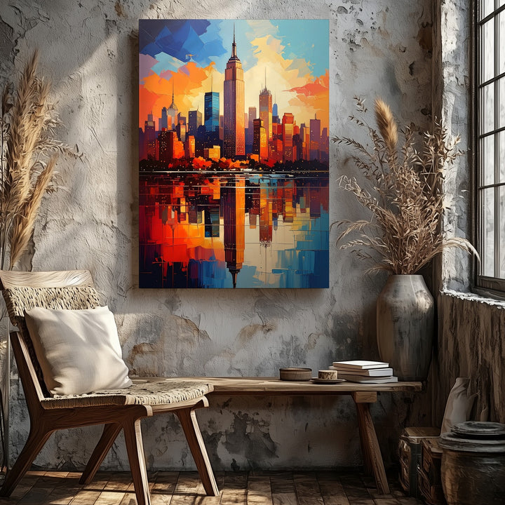 Abstract New York City Skyline Canvas – Bold Sunset Reflection with Empire State Building - Gifitto