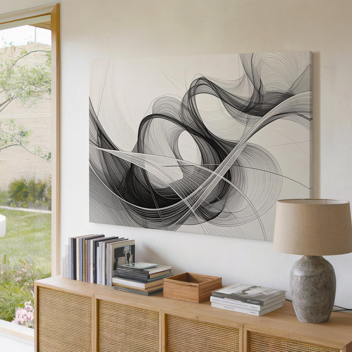 Ethereal Ribbon Flow Canvas – Minimalist Abstract Line Art in Black and White - Gifitto