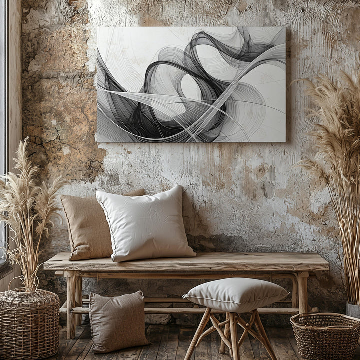 Ethereal Ribbon Flow Canvas – Minimalist Abstract Line Art in Black and White - Gifitto