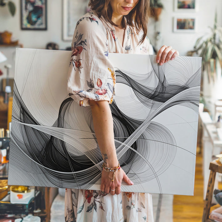Ethereal Ribbon Flow Canvas – Minimalist Abstract Line Art in Black and White - Gifitto