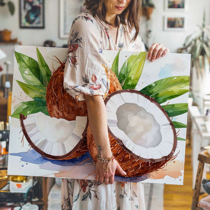 Tropical Coconut Canvas – Watercolor Island Fruit Wall Art - Gifitto