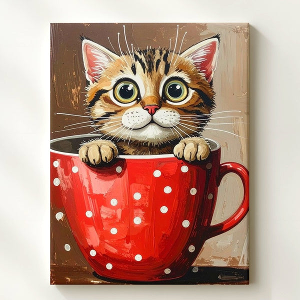 Teacup Tabby Canvas – Whimsical Cat in Polka Dot Cup Art - Gifitto