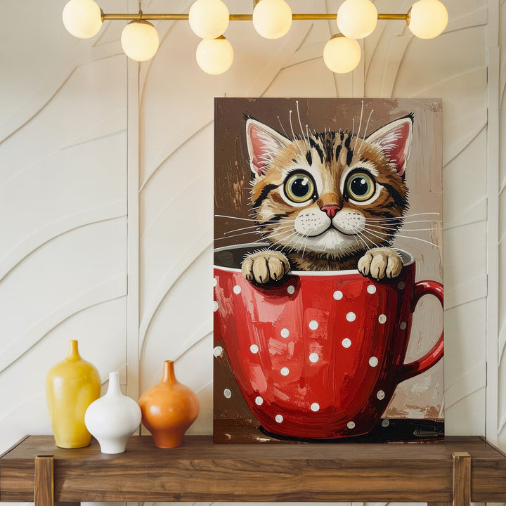 Teacup Tabby Canvas – Whimsical Cat in Polka Dot Cup Art - Gifitto