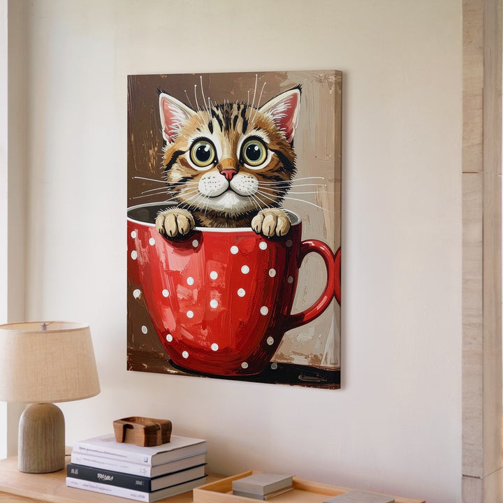 Teacup Tabby Canvas – Whimsical Cat in Polka Dot Cup Art - Gifitto
