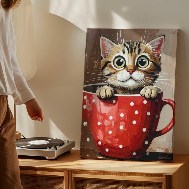 Teacup Tabby Canvas – Whimsical Cat in Polka Dot Cup Art - Gifitto