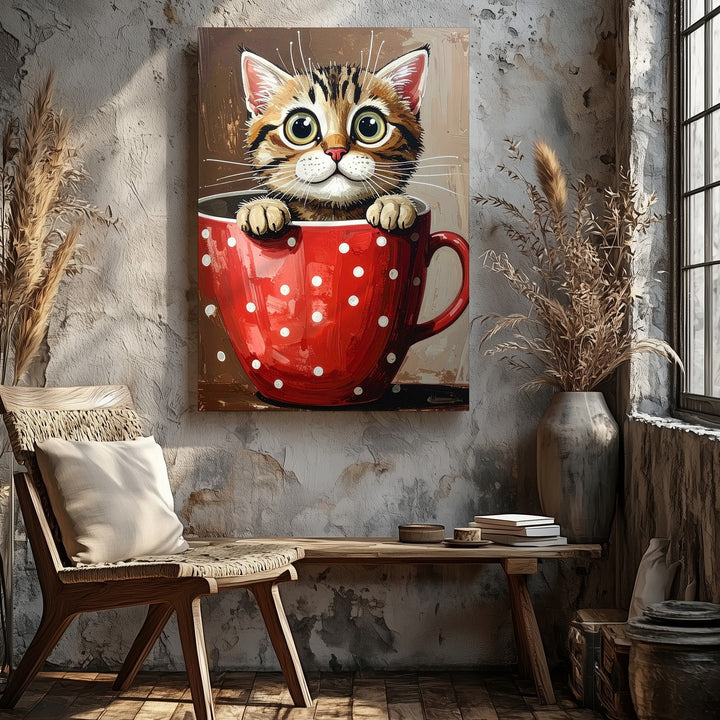 Teacup Tabby Canvas – Whimsical Cat in Polka Dot Cup Art - Gifitto