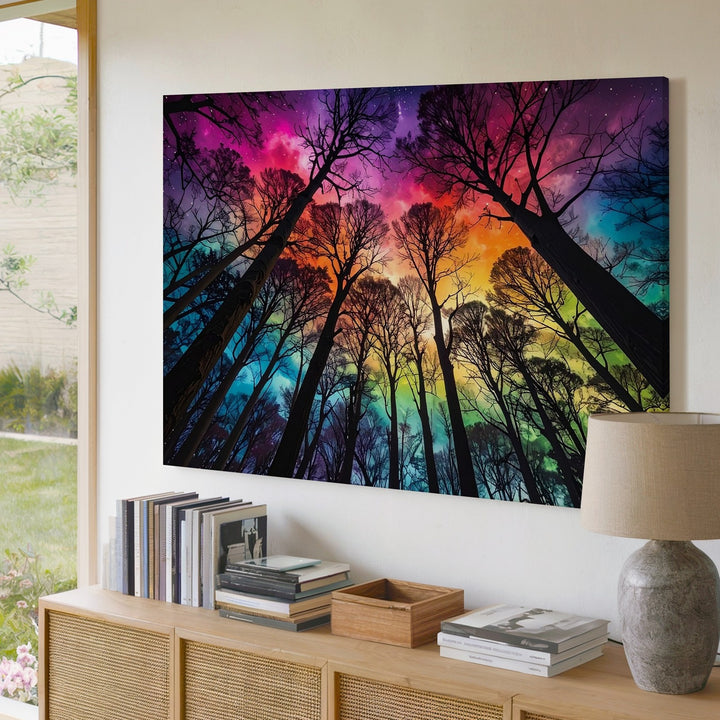 Psychedelic Forest Sky Canvas – Surreal Nature with Rainbow Gradient Art - Gifitto